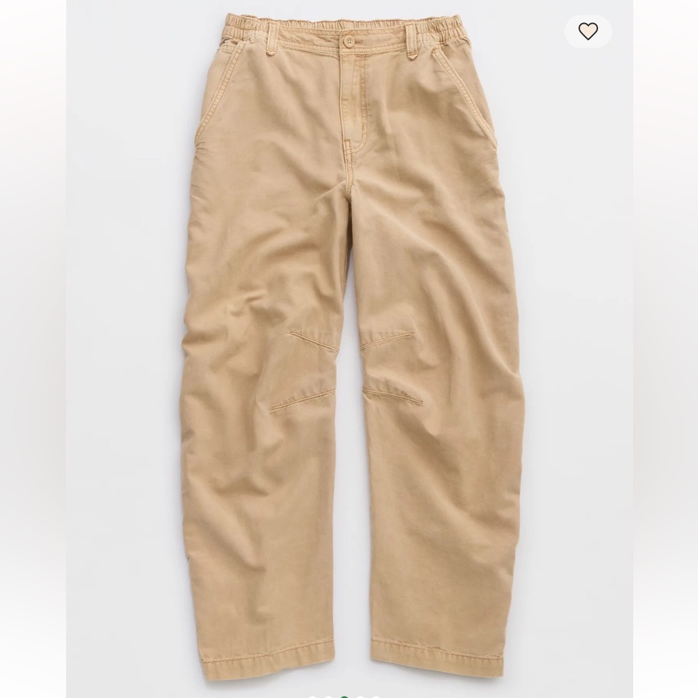 Aerie Barrel Pants Khaki distressed Size Large Elastic Waistband Button Closure